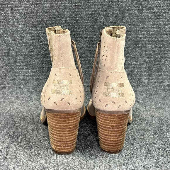 Toms Majorca Peep Toe Booties Womens 7.5 Taupe Suede Perforated Leaf Ankle Boots - Picture 5 of 13
